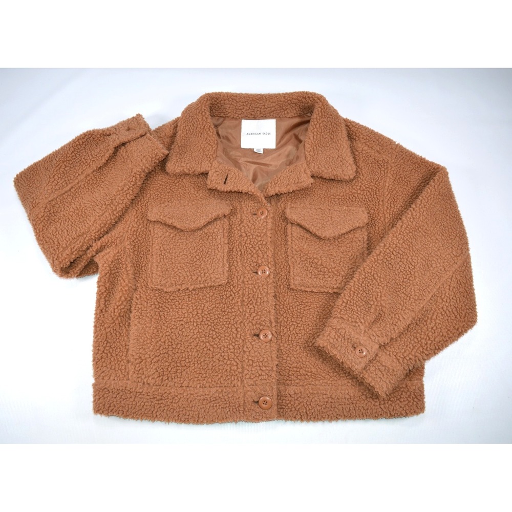American‎ Eagle Outfitters Brown Sherpa Crop Button Front Cozy Jacket Womens  M